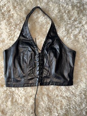 SHEIN Black Faux Leather Lace-Up Halter Crop Top